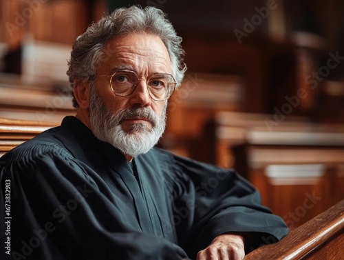 Mature judge seated in courtroom during judicial proceedings