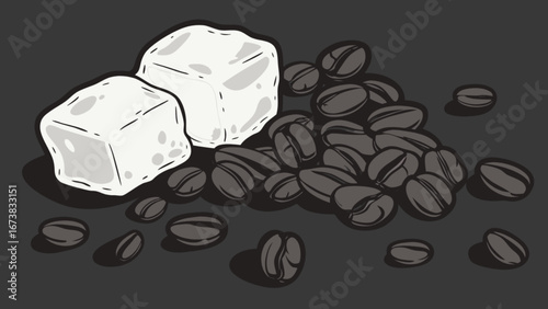 Coffee beans and sugar cubes still life drawing for cafe menu and coffee shop advertisement design idea