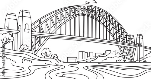 Sydney Harbor Bridge Vector Illustration – Famous Landmark Outline Drawing in Black and White, harbor bridge