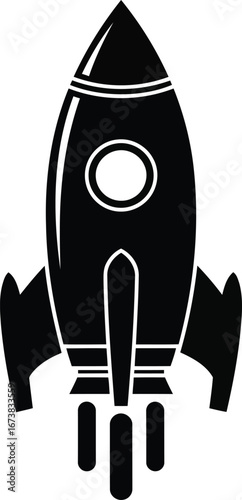 Black rocket ship icon with exhaust symbolizing launch space travel business startup and rapid progress