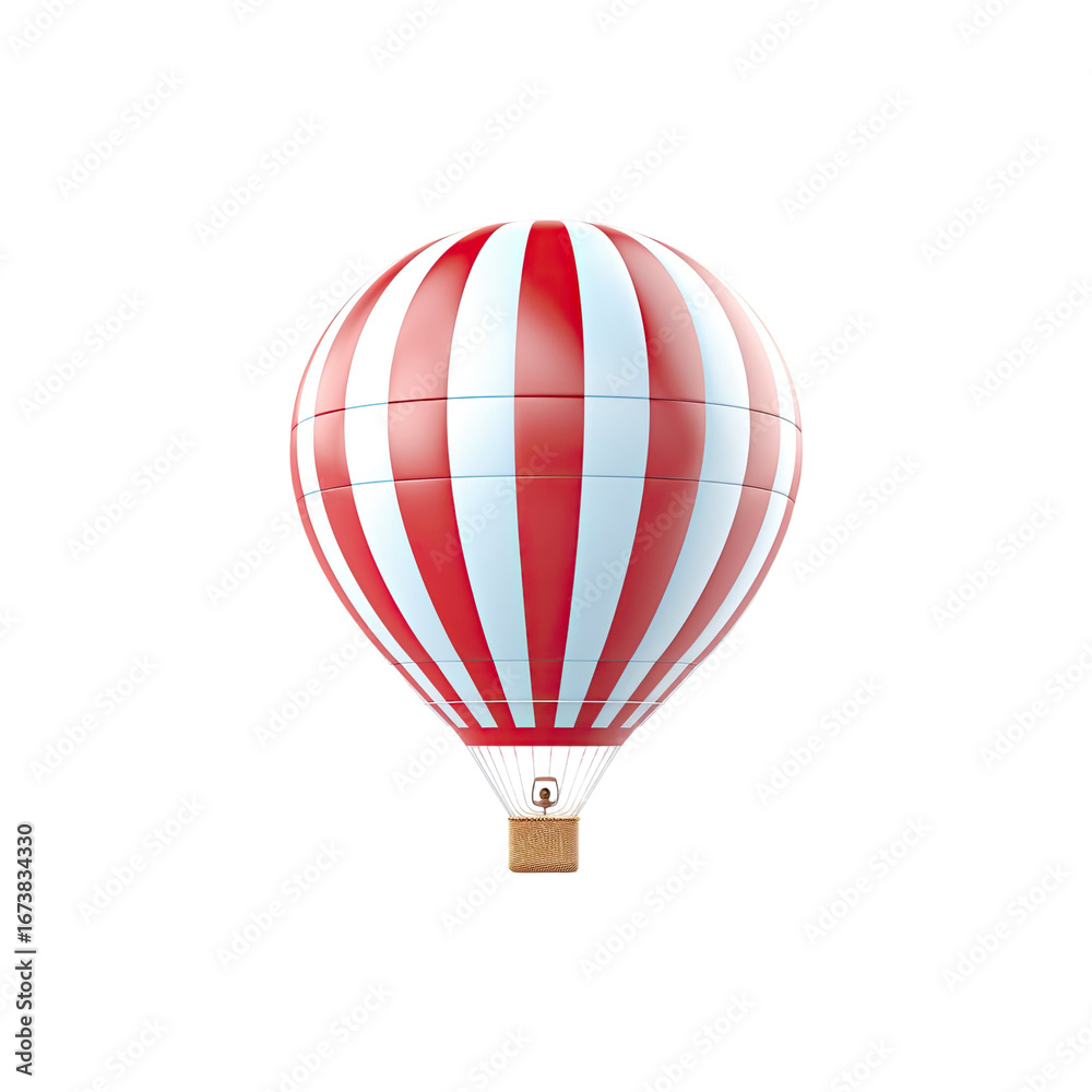 Fototapeta premium Colorful hot air balloon with vertical stripes flying in sky isolated on white background