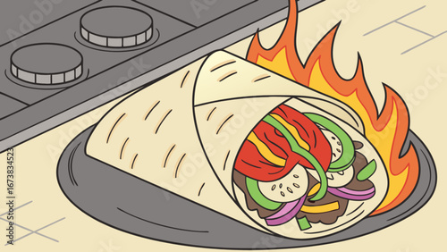 Delicious spicy burrito with flame grilled vegetables and meat on a plate near a stove top burner