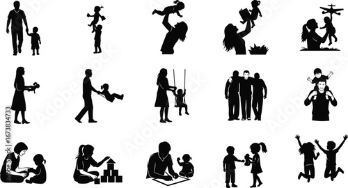 Silhouettes of parents and children bonding, playing, learning, and spending quality family time in various caring and joyful activities together.