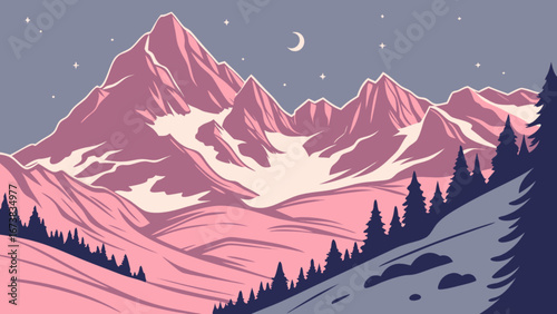 Pink mountain range landscape vector illustration with trees and night sky for graphic design projects