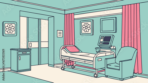 Hospital room illustration with bed, medical equipment and chair for healthcare and recovery concept design