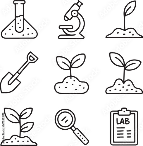 Farming and Environmental Research Icon Collection Doodle Line Art Soil Testing, Lab Work, and Agricultural Tools