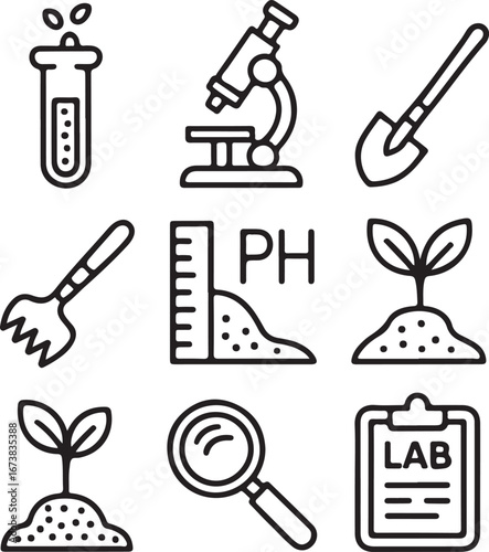 Agricultural Science Hand-Drawn Line Art Icons Pack Soil Testing, Lab Analysis, Farming Tools, and Crop Monitoring