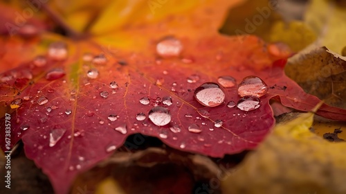 Macro Close-up of Fallen Maple Leaf with Water Droplets, autumn nature detail