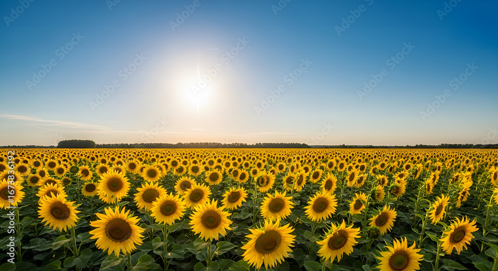 Obraz premium Bright and Colorful Sunflower Field Landscape Under the Clear Blue Sky