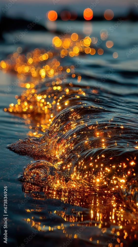 Fototapeta premium Golden waves glisten under the evening sky, creating a magical atmosphere by the shore