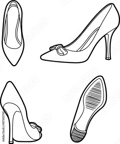 High heel shoe vector sketch, women fashion footwear illustration, stylish pump design, elegant heels outline drawing, bow accent shoes