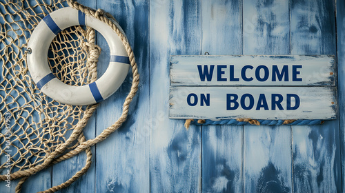 Nautical Welcome Aboard Decor Life Preserver and Fishing Net on Weathered Blue Wood Background, Sea themed signage, coastal ambiance, marine motif, vacation greeting, weathered and rustic