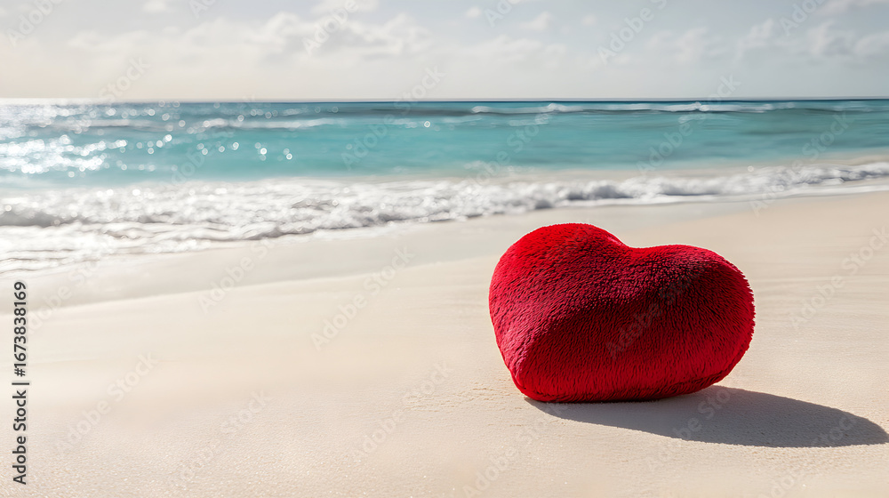 Fototapeta premium Heart Beach Love Romance Romantic Red heart shape on sandy beach with turquoise sea water and blue sky background, Valentines day honeymoon vacation coastal getaway destination conceptual design