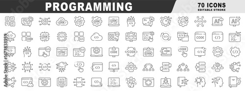 Clean outline programming icon set for coding, software development, web apps, API, cloud, DevOps, debugging, workflow, AI, vector, editable stroke