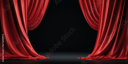 Red curtain on black: Rich scarlet curtains dramatically frame an empty stage, their velvety folds contrasting against the deep black background.