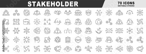 Outline stakeholder icons for management, engagement, mapping, analysis, governance, teams, finance, business, networks, charts, diagrams; clean line style, editable stroke