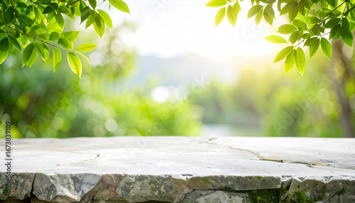 stone table with blurry nature bacground