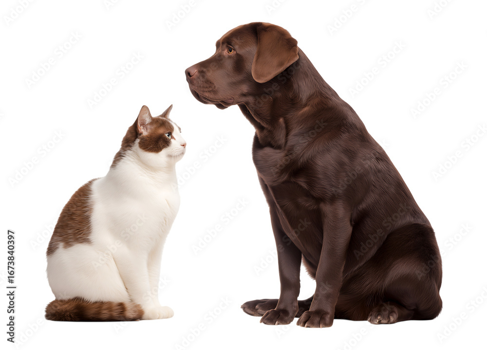 Obraz premium Curious Encounter: Chocolate Labrador and Cat Face-Off isolated on a transparent background