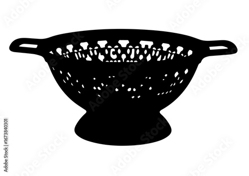 Black colander with handles in silhouette style on white background  