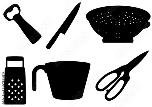 kitchen set, bottle opener, chef's knife, colander, grater, measuring cup, kitchen shears