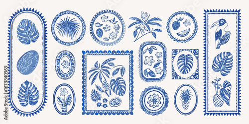 Collection of blue tropical botanical illustrations and frames with palm leaves flowers and fruits