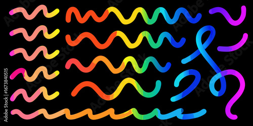 Vibrant rainbow gradient wavy lines and curves on a black background