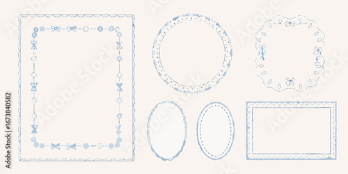 Collection of delicate blue watercolor borders and frames with playful bow and circle designs