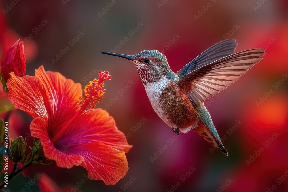 Fototapeta premium Colorful hummingbird hovering near vibrant hibiscus flower, showcasing intricate details of wings and petals, capturing the beauty of nature in a serene garden environment