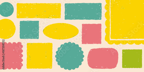 A playful collection of colorful hand drawn shapes and frames in a variety of geometric and organic forms
