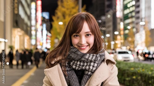Wallpaper Mural Woman in coat & scarf on city street. Enjoying the urban atmosphere and the glow of city lights on a brisk evening. Classic style meets modern city life. Torontodigital.ca