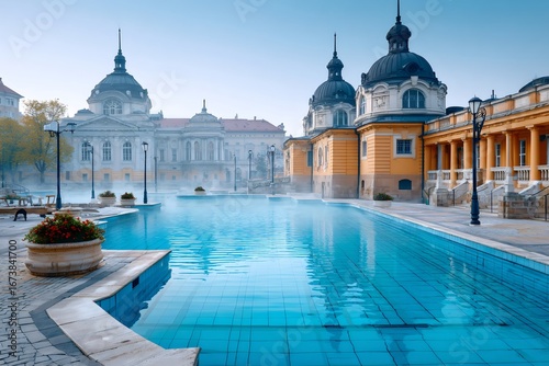 Outdoor thermal swimming pool steaming in front of neo baroque palace in budapest