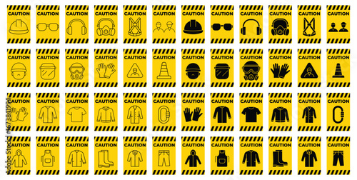 Collection of Safety Caution Icons on Yellow Background for Workplace Awareness