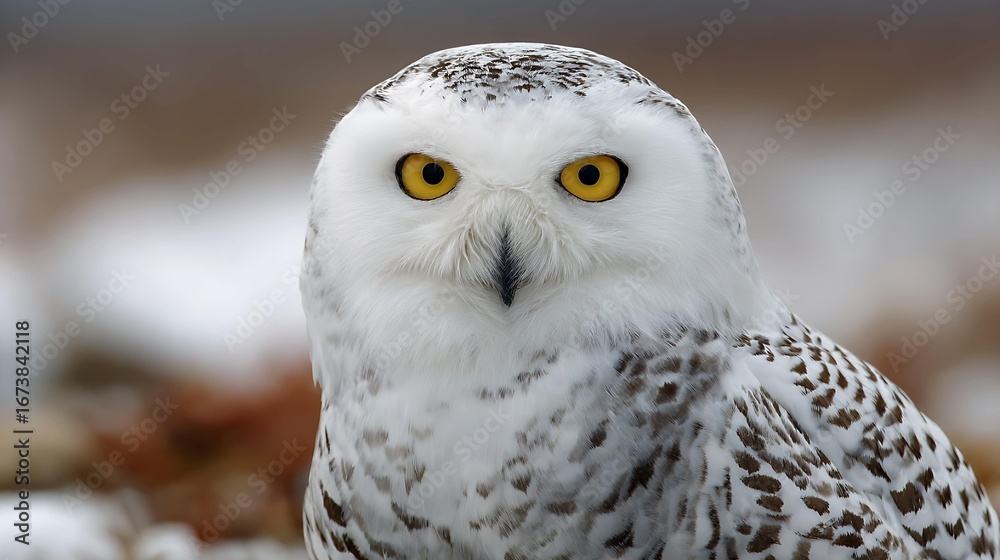 Obraz premium A striking snowy owl with bright yellow eyes gazes into the camera, showcasing its beautiful white and speckled feathers.