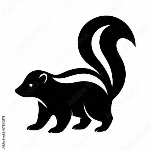 A distinct black silhouette of a skunk with its tail raised, suitable for animal-themed designs. White background. Vector art.