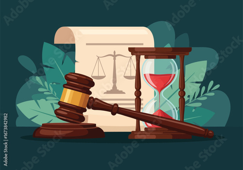 Flat illustration of gavel and hourglass symbolizing justice, law, and the passage of time in legal proceedings