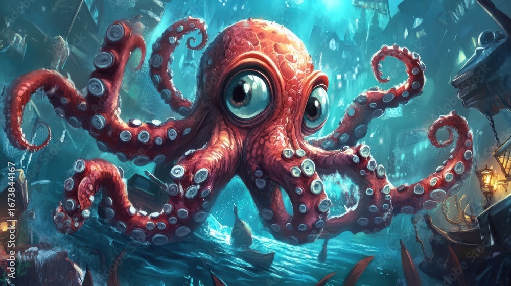 Obraz premium Cartoon kraken character, kindhearted design for gaming concept.