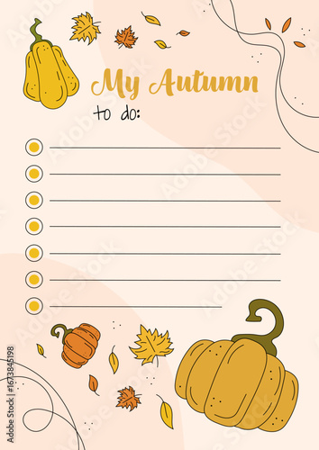 Cute autumn themed To Do list with gaps for text and pumpkins and falling leaves drawings. Vector illustration, reminding template.