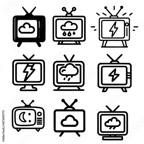 Classic television icon set featuring storm lightning rain cloud inside symbolizing weather forecast