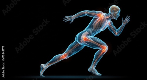 3D rendering of a running human figure, highlighting skeletal and muscular systems.