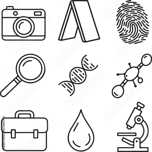 Forensic Science Doodle Icon Set Outline Vector of Crime Scene, Evidence, and Detective Tools