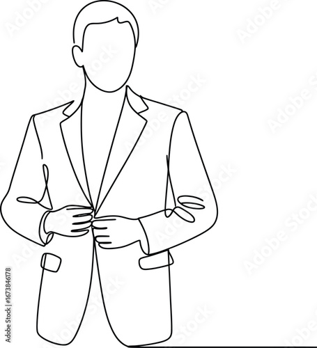 A single-line drawing of a businessman adjusting his suit jacket.
