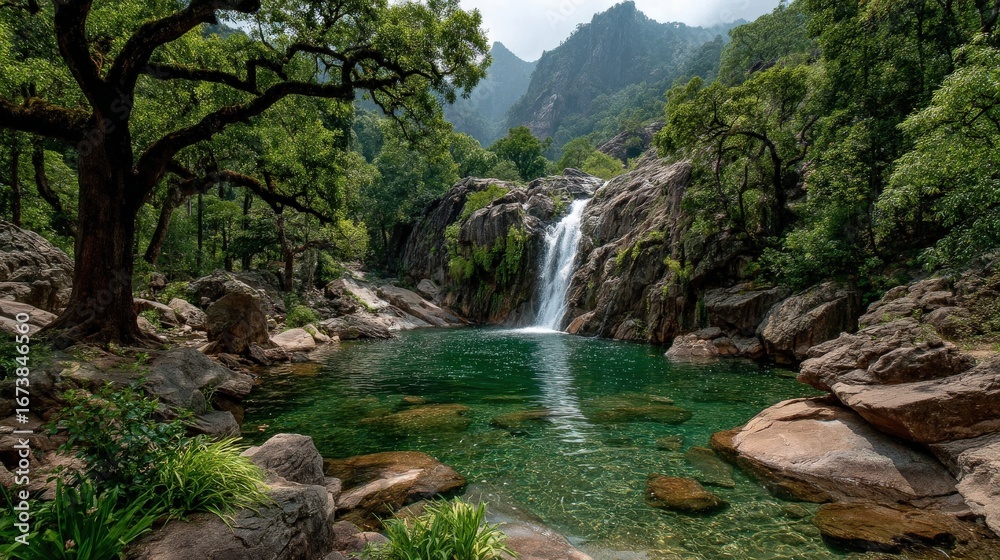 Fototapeta premium A serene waterfall cascades into a clear turquoise pool surrounded by lush green forest and rocky terrain