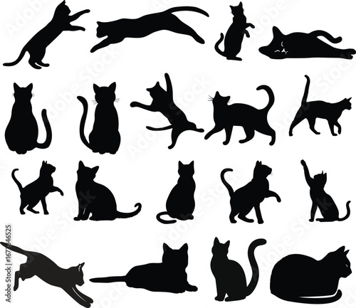 Funny cat icon.Collection of silhouette of funny cats in different poses. Vector illustration isolated on white background. Drawing with children.Halloween damn kittens.Cat is misbehaving and playing
