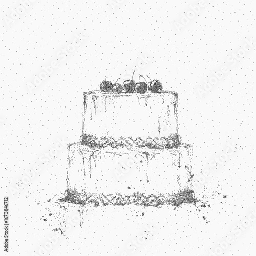 Cake decorated with cherries. Simple form with aged grain dusty texture and subtle threshold fading. Faint ink marks and stipple dots cover the rough paper surface.