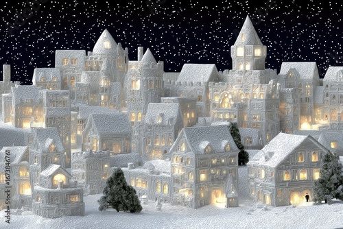 Snowy, illuminated miniature city at night
