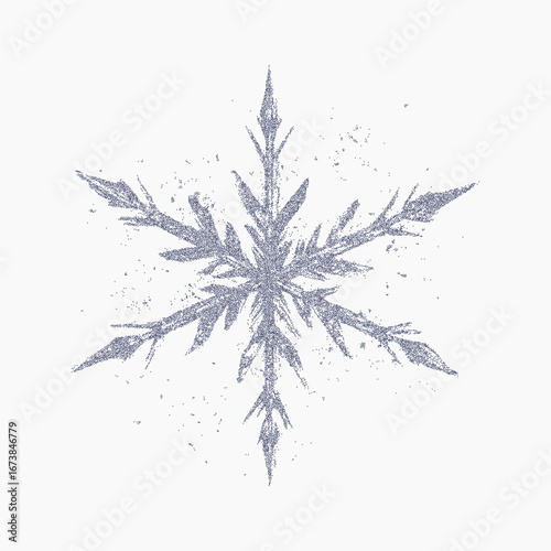 Graphic snowflake. Rough ink mark with textured noise, faded speckle and halftone grain. Aged threshold edges blend with scattered grit and light paper scratches.