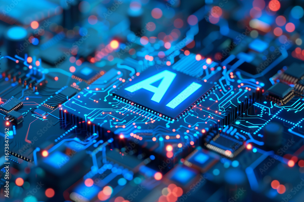Obraz premium Micro data chip and glowing text AI on a blue circuit board background