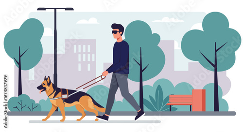 Blind man walking with guide dog in urban park, promoting accessibility and awareness for disabilities