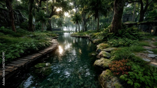 Serene forest scene with a calm river flowing through lush green trees and mosscovered rocks