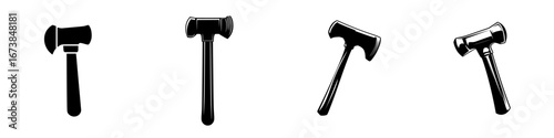 Minimalist black-and-white vector illustration of four axe silhouettes depicting various angles and styles